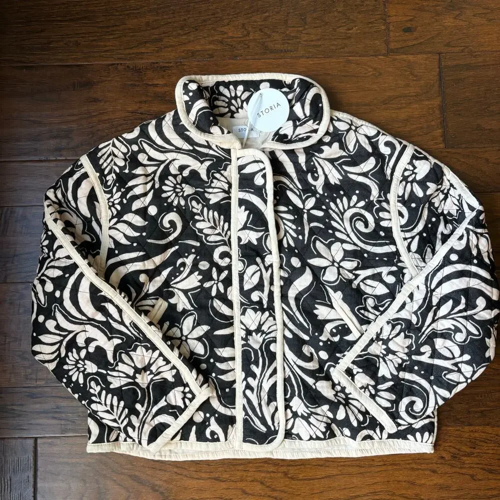 NWT Storia Quilted Jacket Sz M Paisley Printed Black Beige Grannycore